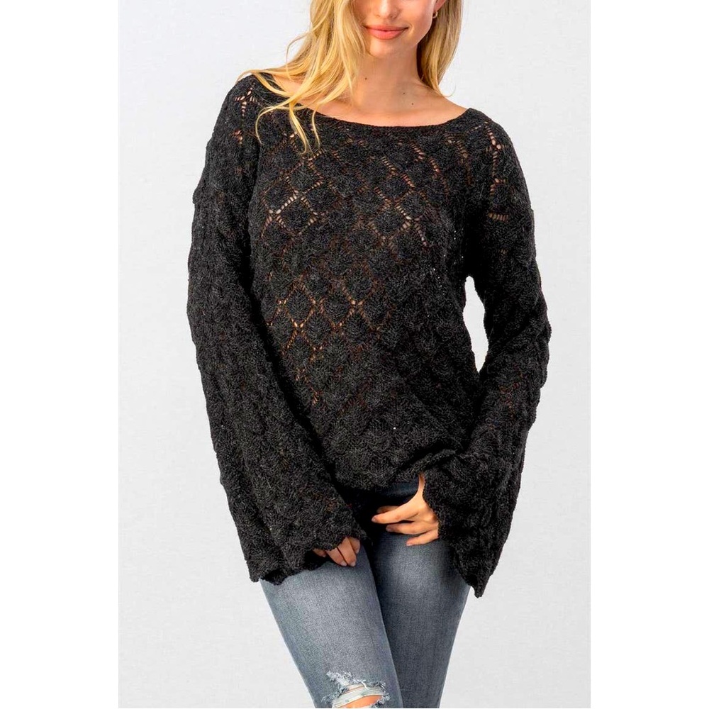 Diamond Open Knit Bell Sleeve Sweater